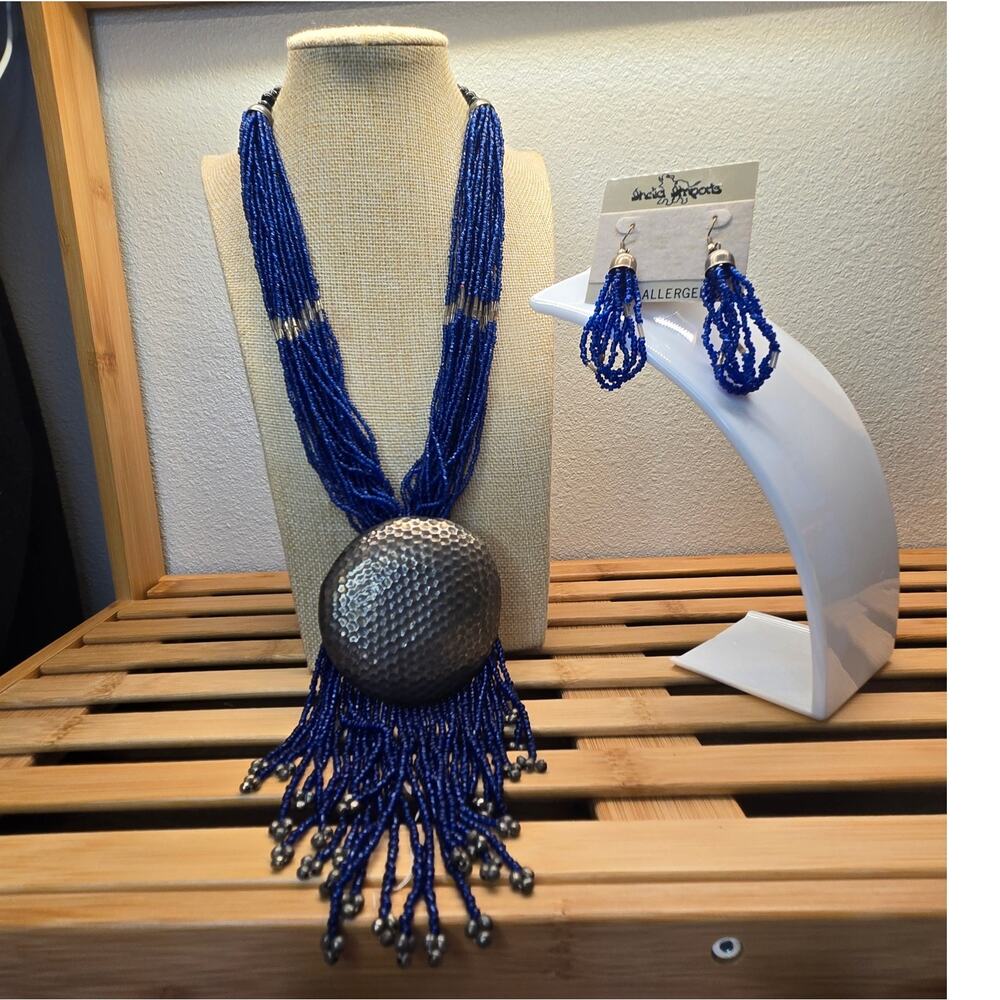 Vintage India Imports Blue Beaded Statement Necklace & Earrings Set Boho Fringe